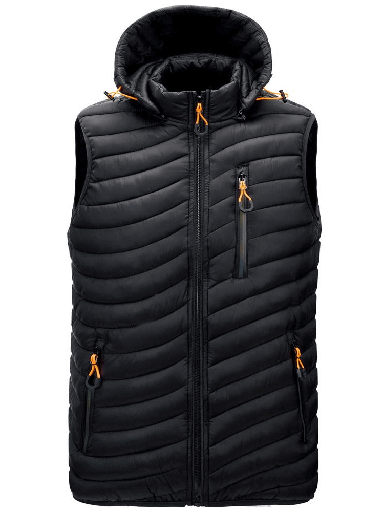 Stylish men's black sports vest with hood, zippered pockets, ideal for outdoor activities in autumn and winter, SF1516.